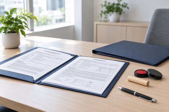 法人設立の書類と印鑑を整えた机
