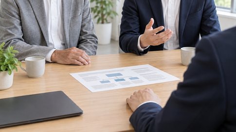 経営者と後継者が並んで専門家に相談する様子