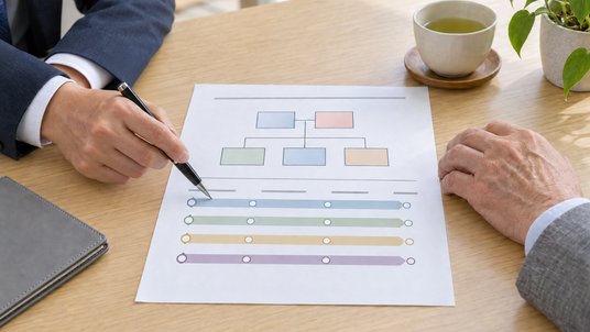 相続対策の計画表を指し示す手元